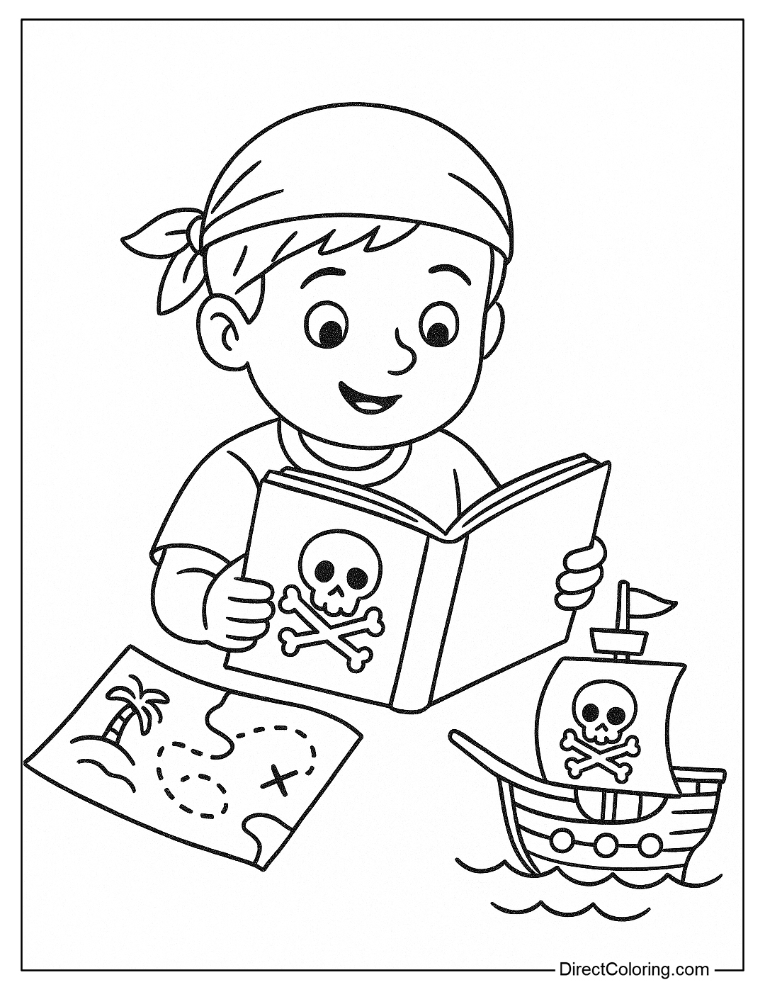 Summer reading coloring page with boy reading pirate story, next to it is map and imaginary ship